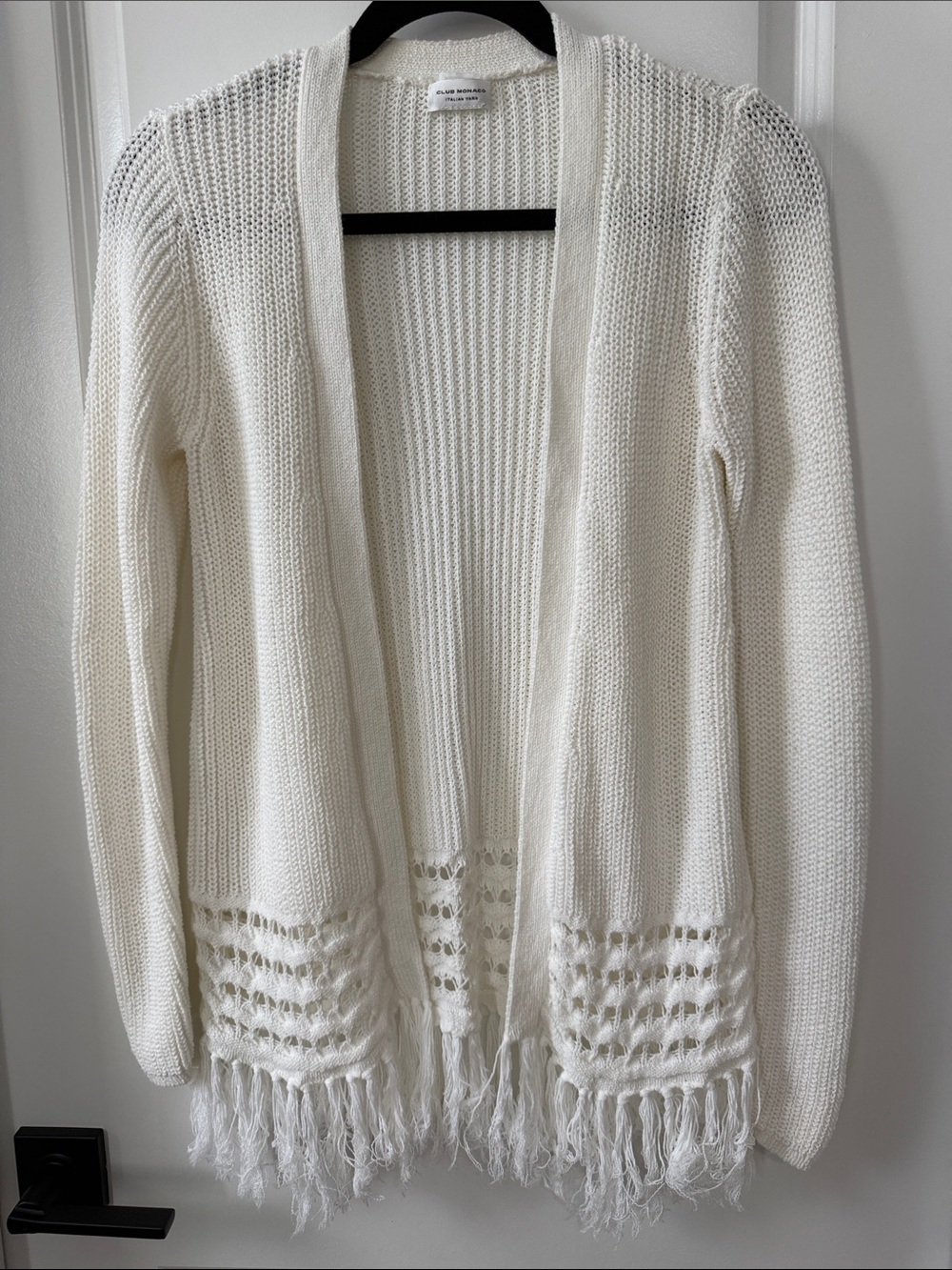 Club Monaco Ivory Open-Front Fringe Knit Cardigan